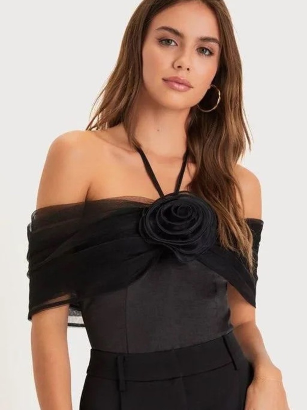 Lulus Off-The-Shoulder Mesh Rosette Bodysuit halter top size large
